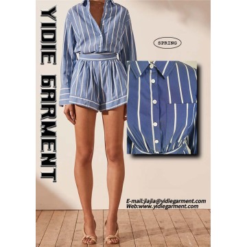 Striped Long Sleeve Drawstring Waist Flared Short Jumpsuits