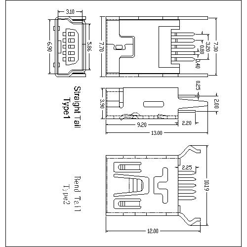 NUFS01 1 Mini USB 5P Receptacle Straight DIP B Type 