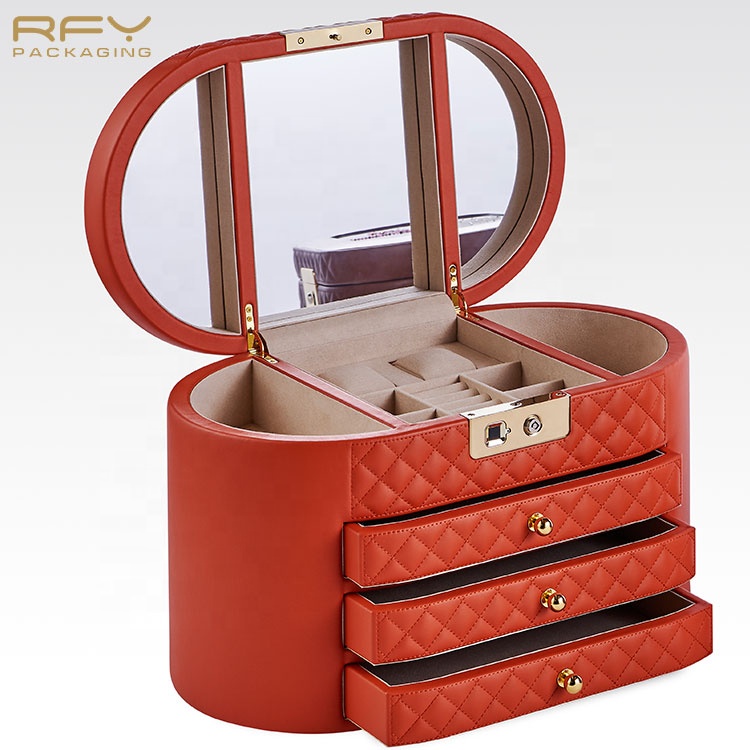 Designer custom logo jewellery watch storage case mdf pu leather organizer jewelry boxes with mirror drawer