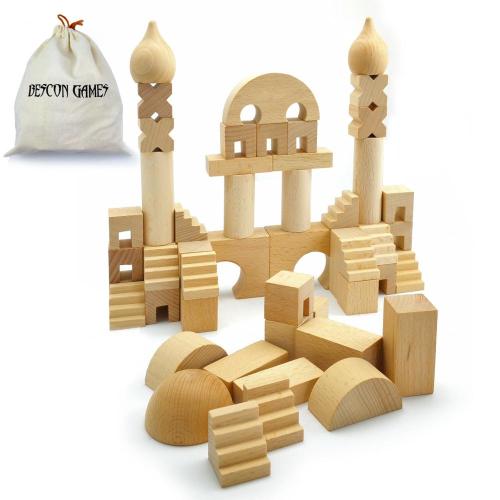 Bescon -Würfel Originalholz Bausteine ​​Holzspielzeug 52pcs mit Leinwand Tragetasche, Baby Kinder Bildung Aufklärung Spielzeug