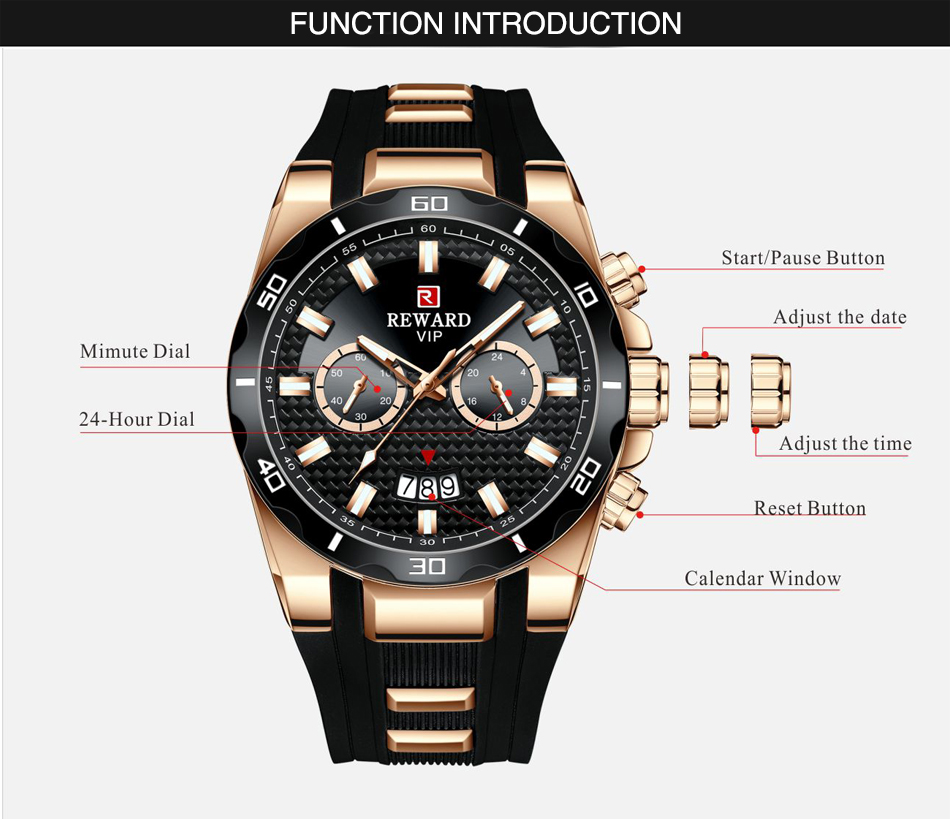 REWARD 83008M Chronograph Watch Quartz Men Watch Military Sports Watches Rubber Strap Relogio Masculino