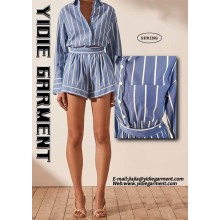 Striped Long Sleeve Drawstring Waist Flared Short Jumpsuits