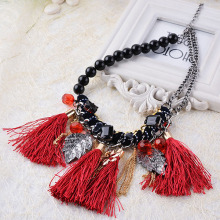 New 2015 High Quality Wholesale Jewelry Red Cotton Tassel Black Beads Necklace