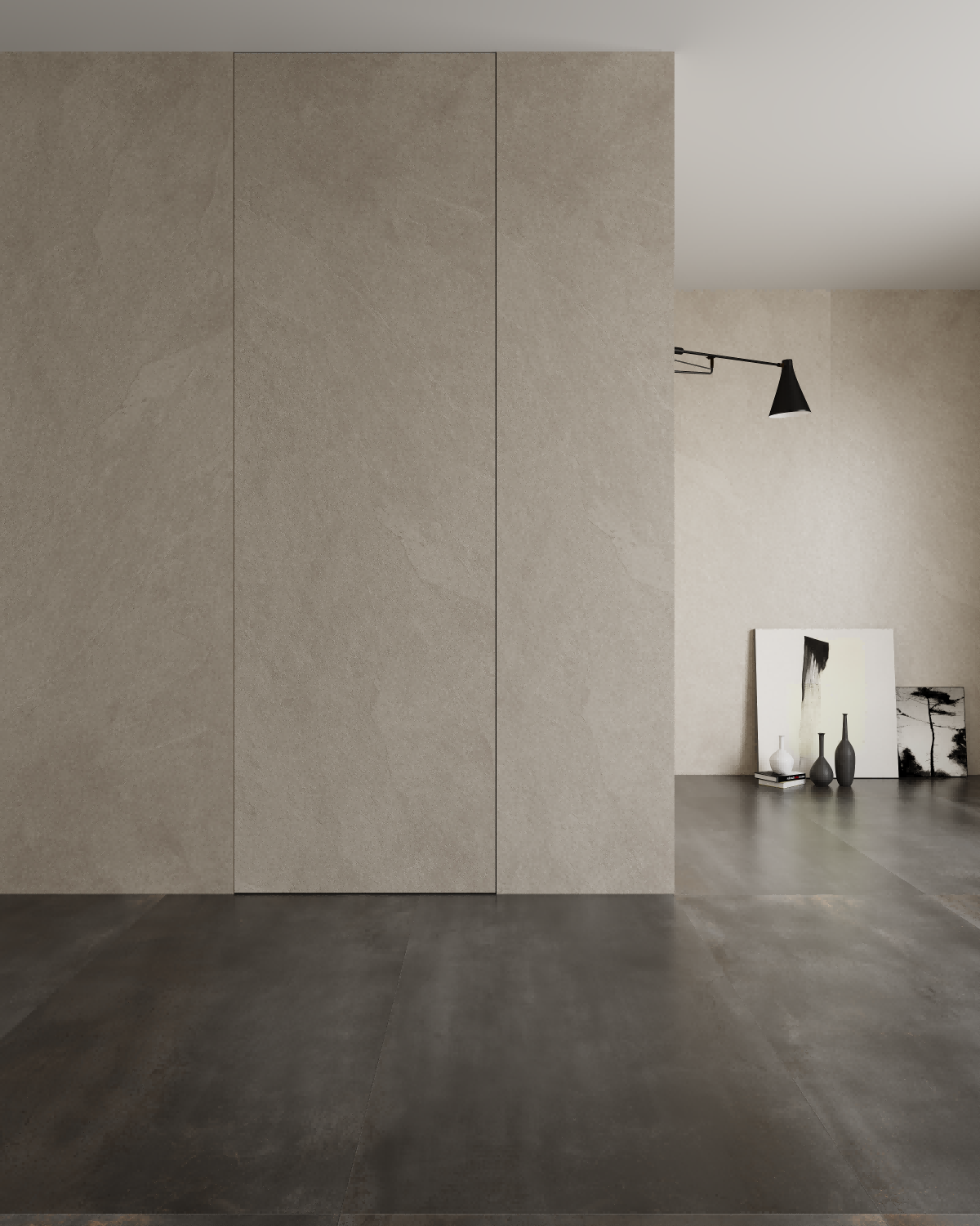 Porta articulada fechada sem moldura nivelada com painéis de parede