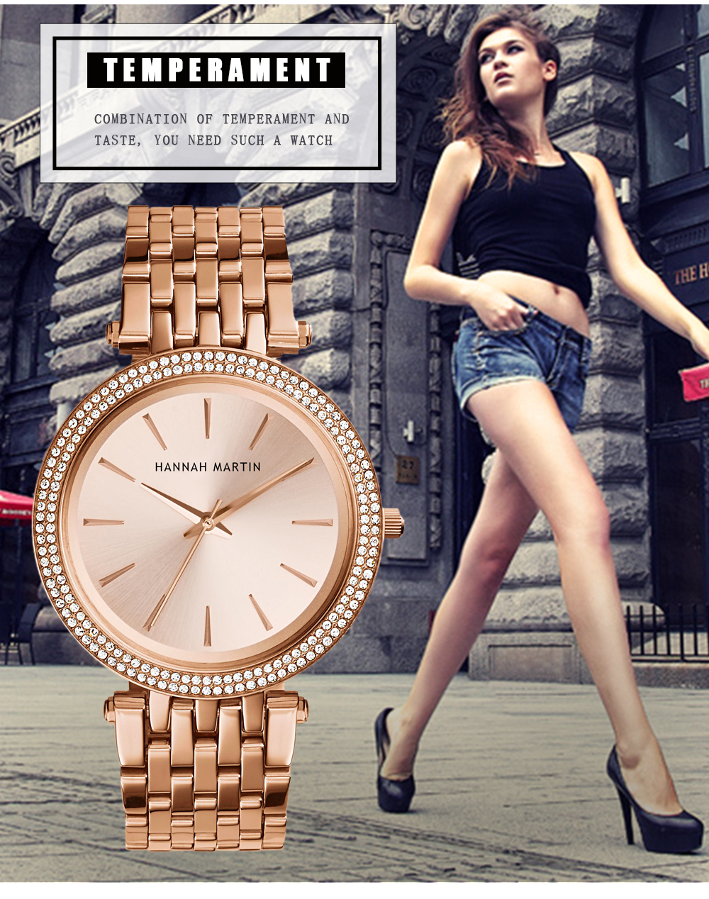 Hannah Martin 1185 Quartz Watch Women Wristwatches Rhinestone Luxury Gold Fashion Watches Stainless Steel Reloj de mujer