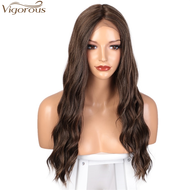 Vigorous Top Quality Lace Front Middle Part Brown Wigs Long Body Wavy Synthetic Wigs Heat Resistant Fiber Wholesale