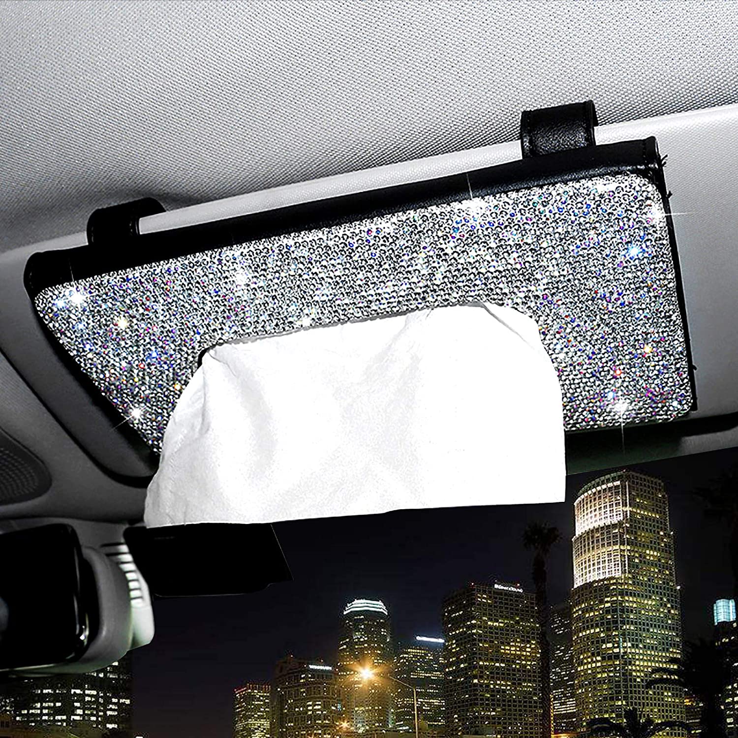 Bling Bling Car Sun Visor Tissue Box Halter Kristall funkelnde Serviettenhalter PU Leder Rückstand Gewebetasche Autozubehör