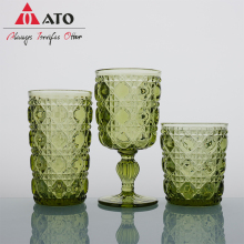 Embossed Pattern Vintage Green Goblet Champagne Glasses Set