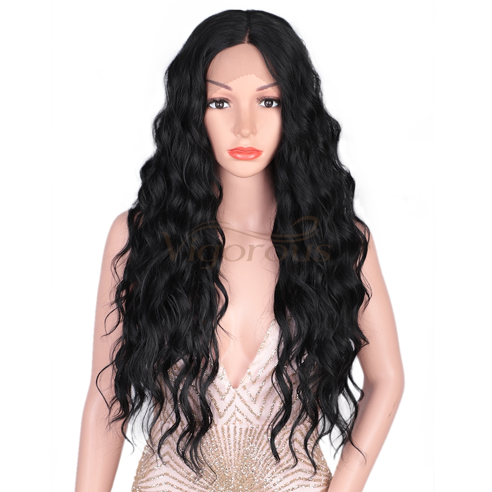 Vigorous Lace Front Wigs 26" Long Wavy Synthetic Wigs for Black Women 150% Density Deep Wave Middle Part Wigs(Natural Black)