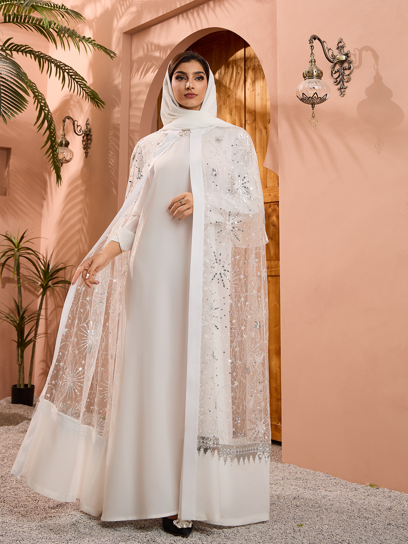 ست پولک های لوکس کیپ آبایا (12) Embroidered Sequin Cape Abaya Dress