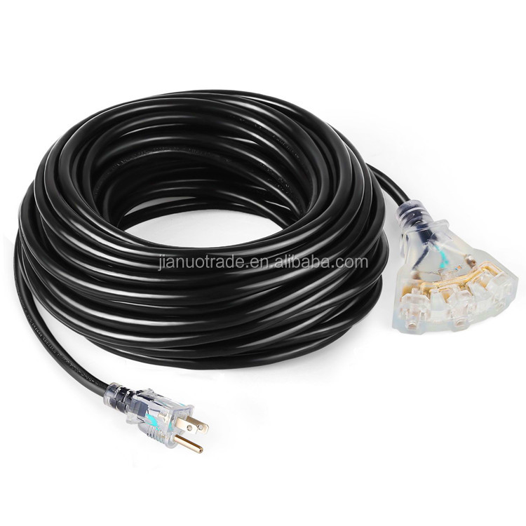 50 FT 12/3 Outdoor Extension Cord - Rubber, Flexible, Triple Outlet, Black Wire with Live Power Light Indicator. 15 Amp