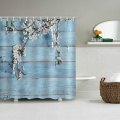 Blue Wood Plank wasserdicht Duschvorhang weiße Blume Badezimmer Dekor mit Haken