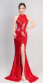 Letnia nowa wieczorowa sukienka Wino czerwona toastowa odzież Długa sukienka w kształcie szyi Slim była cienka ryba ogon