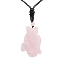 Rose Quartz Handmade Craved Owl Pendant Necklace Adjustable Rope