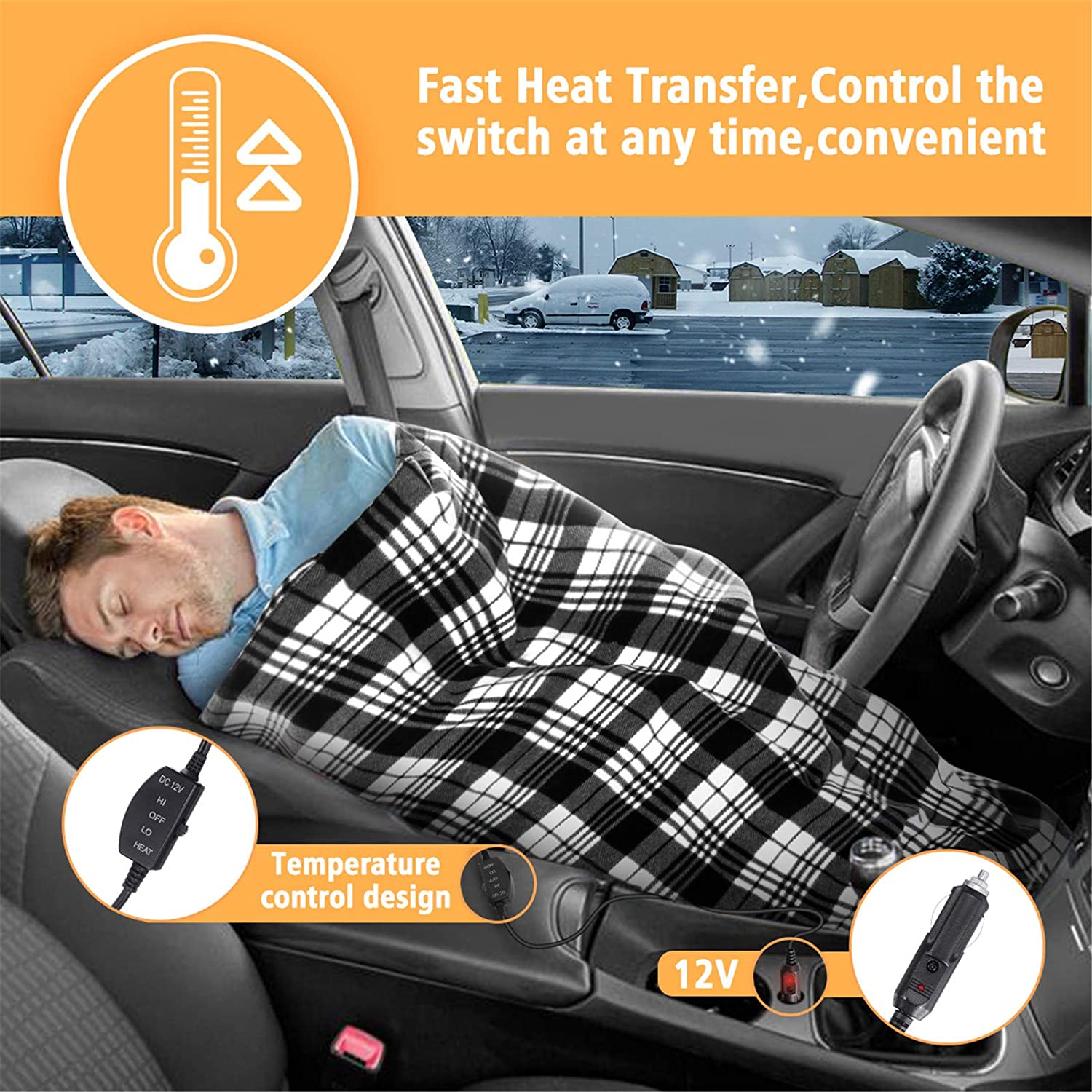 Electric Car Blanket- 12 Volt Heated Car Blanket with Temperature Controller Travel Electric Blanket for Cars and RVs