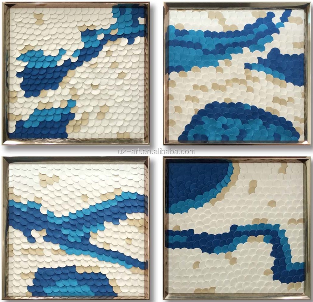 4 Panels of 3D Paper Artwork Blue and Cream-coloured Painting for Dining Room