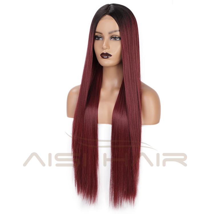 Aisi Hair Long Silky Straight Ombre Wine Synthetic Fiber Wigs For Black Women Long Middle Part Machine Made Synthetic Wigs