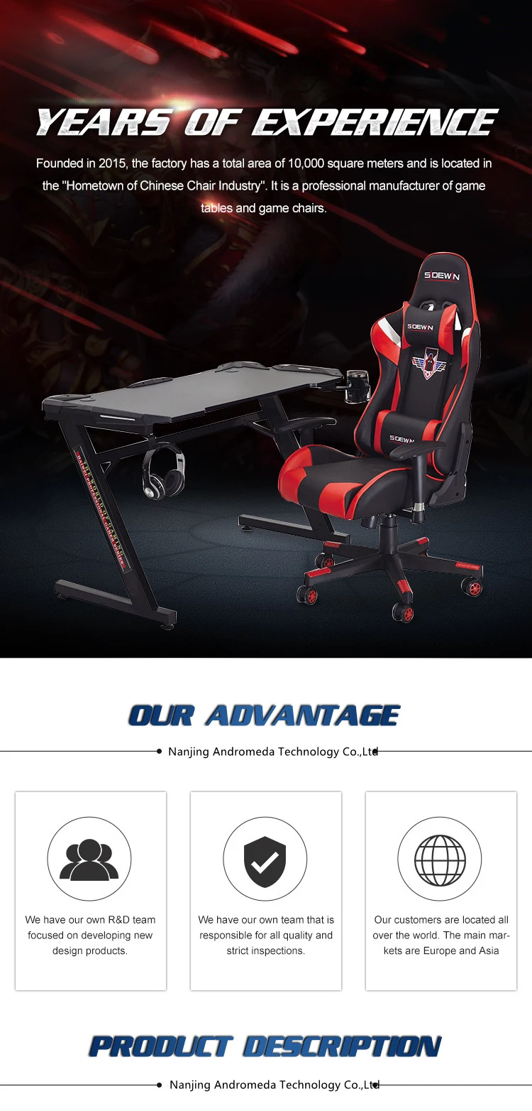 Gaming Table Shaped Computer Desk Racing Style Office Table Gamer PC Workstation Gaming Desk with Free Mouse Pad Handle Rack