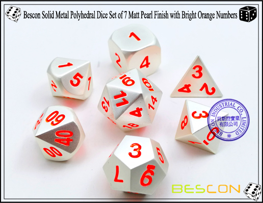 Bescon Solid Metal Polyhedral Dice Set of 7 Matt Pearl Finish with Bright Orange Numbers-2