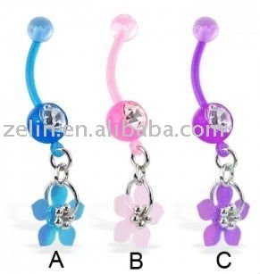 Bioplast belly ring with dangling flower body piercing navel jewelry