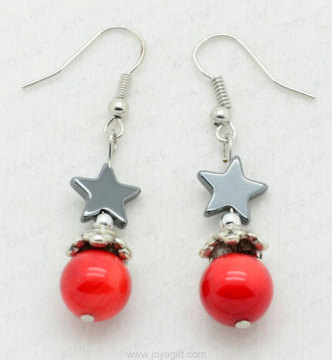 Red Coral Star Beads hematite earring