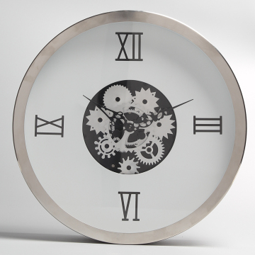 White Metal Wall Clock with Moving Gears