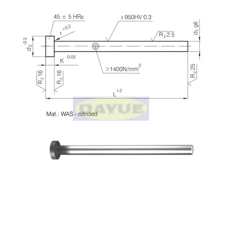 Din 1530 Iso 6751 Nitrided 1 2344 Nitrided Ejector Pin Cylindrical Head