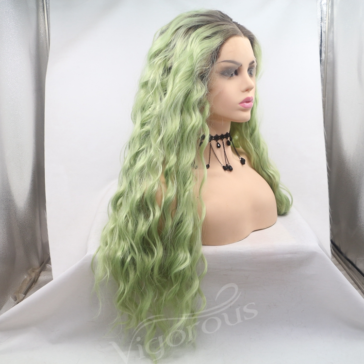 26 Inch Long Water Wavy Ombre Green Color 13x3 Lace Front  For Women Curly Green Hair Full Wig Fibre Synthetic