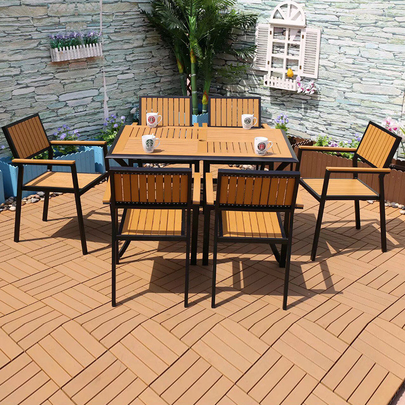 пластыкавы драўляны вулічны крэсла4 Aluminum Alloy Plastic Wood Outdoor Dining Set - Chair Back Detail