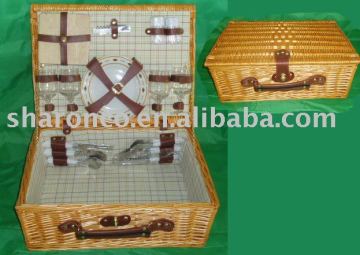 basket picnic/wooden picnic box,with full dinnerware for 2/4