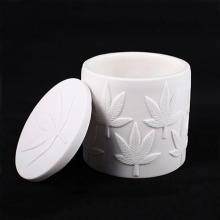 Leaf Embossed White Ceramic Candle Containers with Lids