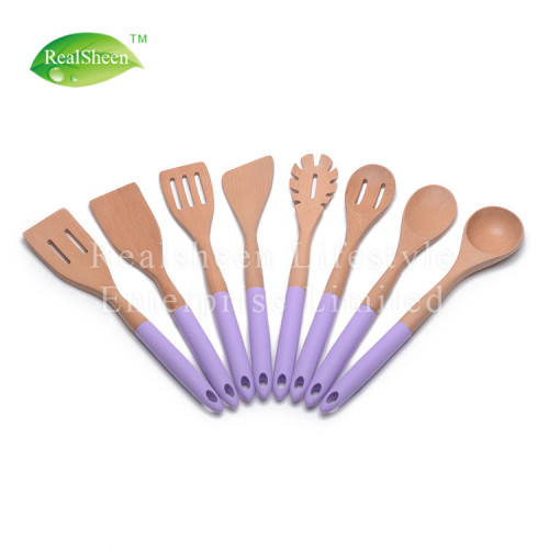 Ensemble d&#39;ustensiles de cuisine en bois avec manche en silicone de couleur