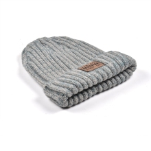 mens chunky knit grey and black wool beanie with a leather patch