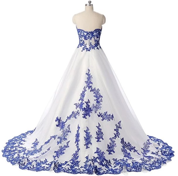 Retro Grown Two Tone Royal Blue and White Short Front Long Tail Wedding Dress