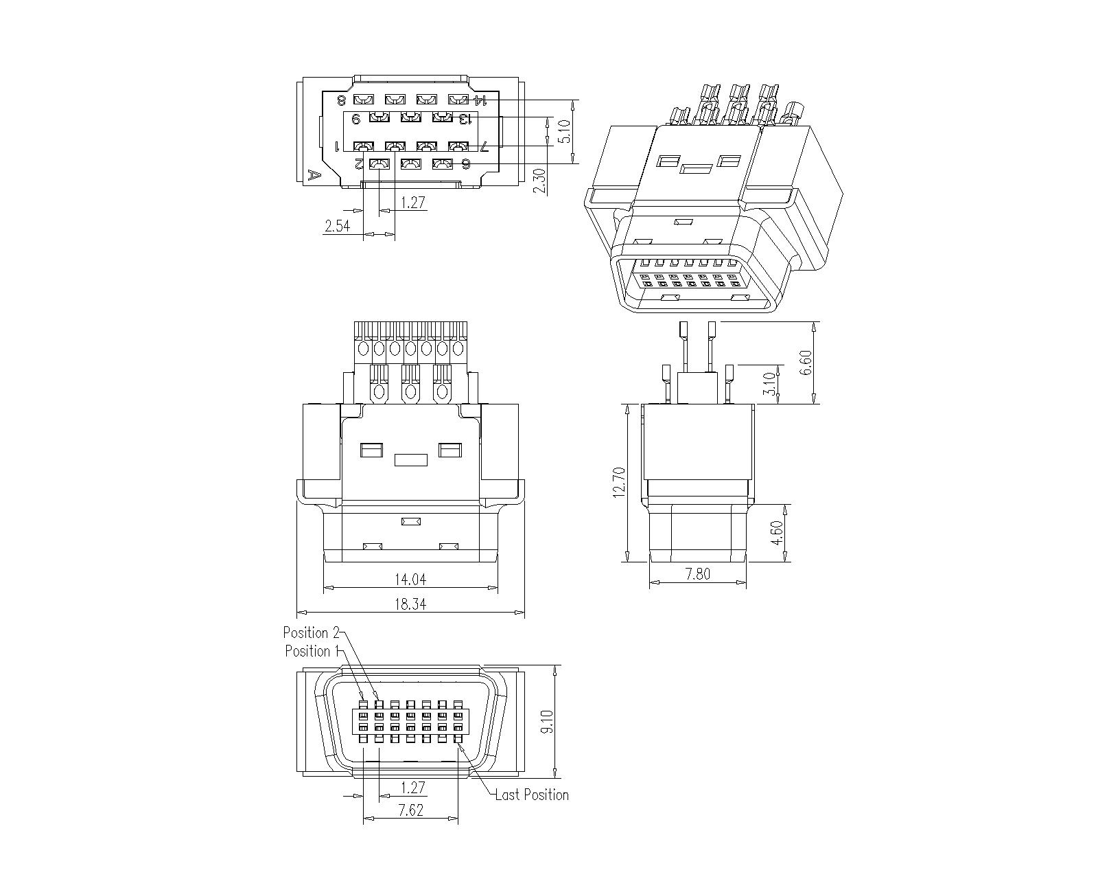 1.27mm Series 14P Cable Plug Connector Solder 1.27mm Series 14P Cable Plug Connector Solder