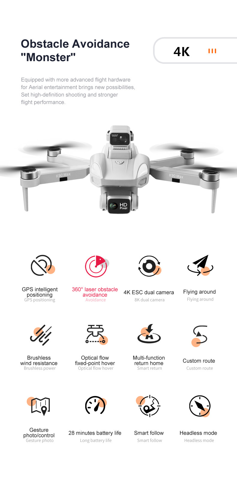 K90 Max K90 Max Drones 360 Degree Laser Obstacle Avoidance 4K HD Aerial Photography Quadcopter Brushless Helicopter UAV