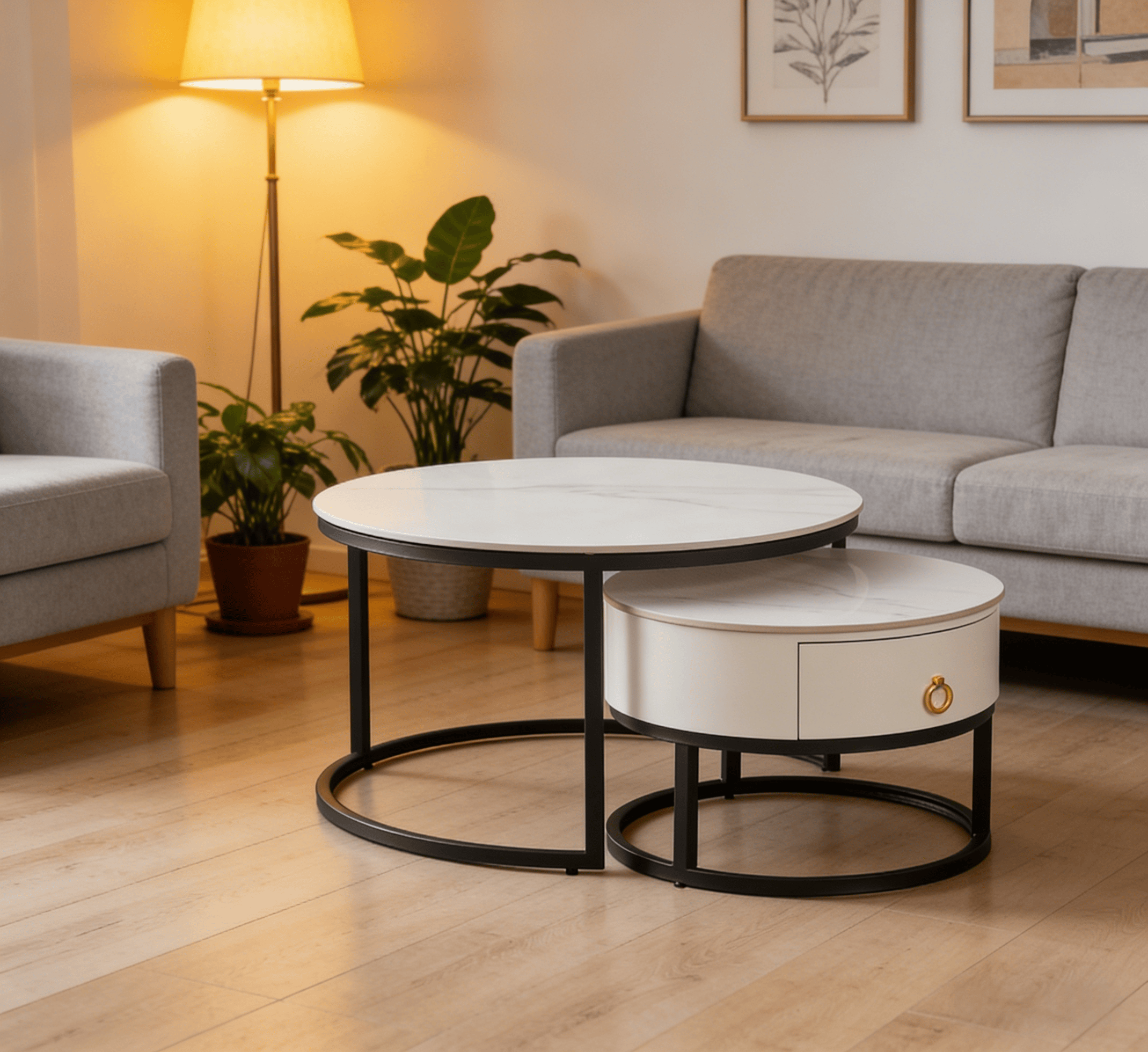 BR-24NC03 Mesas de centro redondas de mármore branco com gaveta e alça dourada, economizando espaço para pequenas salas de estar BR-24NC03 Round White Marble Nesting Coffee Tables with Drawer & Gold Handle, Space-Saving for Small Living Room