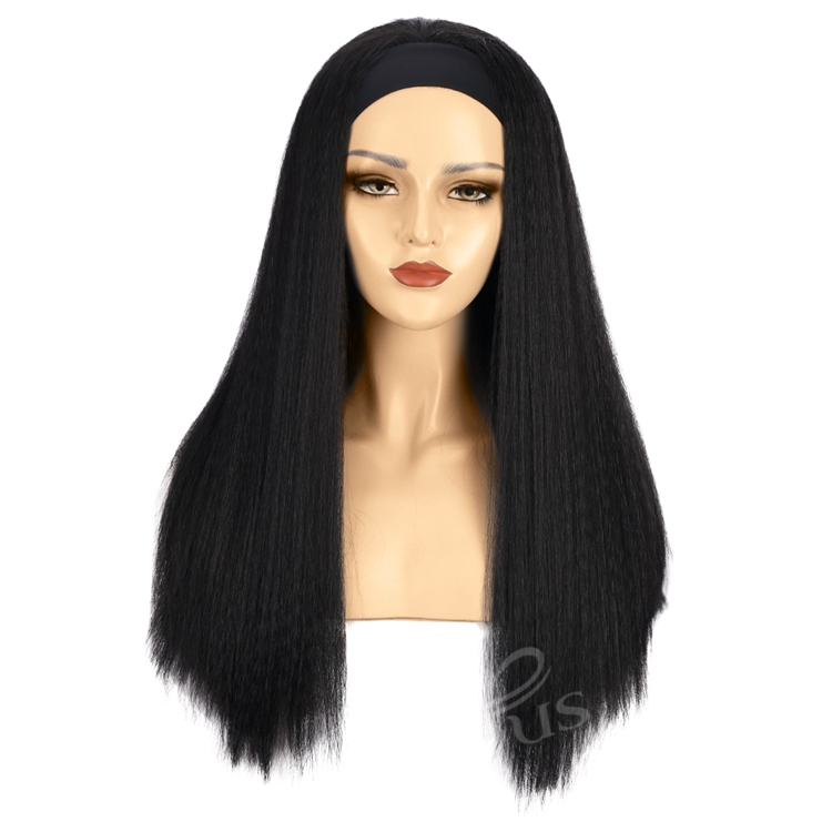 Long Yaki Glueless 2021 Best Quality Wholesale Synthetic Wigs Grip Adjustable Headband Attached For Women Black Wig None Lace