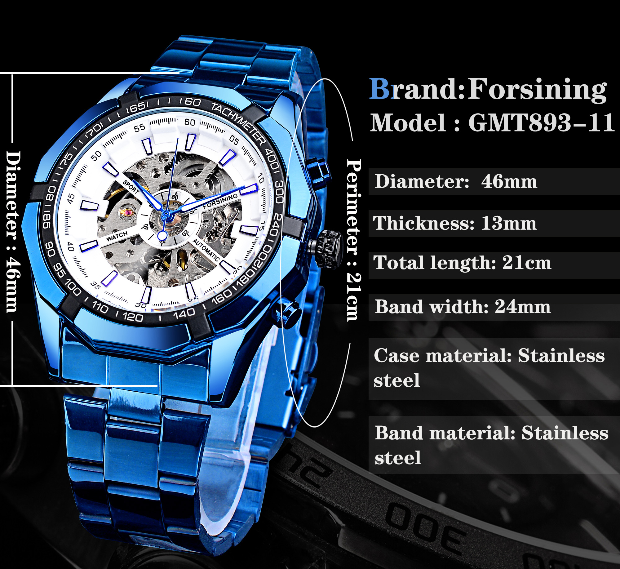 Forsining Blue Design Stainless Steel Men Mechanical Automatic Wrist Watches Top Brand Luxury Military Sport Male Clock