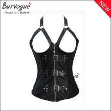 Burvogue Black Hollow Out Vintage Steampunk Leather Overbust Corset Top With Zipper