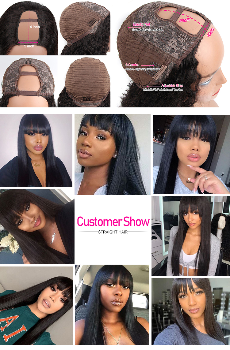 ISEE HAIR Machine Made Sew In Wig Human Hair Straight Natural Color For Women Glueless Wigs hair black bangs wig