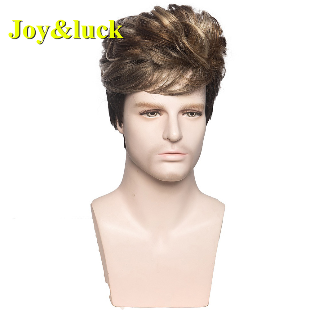 Wholesale Wigs for Men Brown Mix Gold Color Male High Temperature Fiber Short Natural Curly Men Wigs Synthetic Hair Wigs