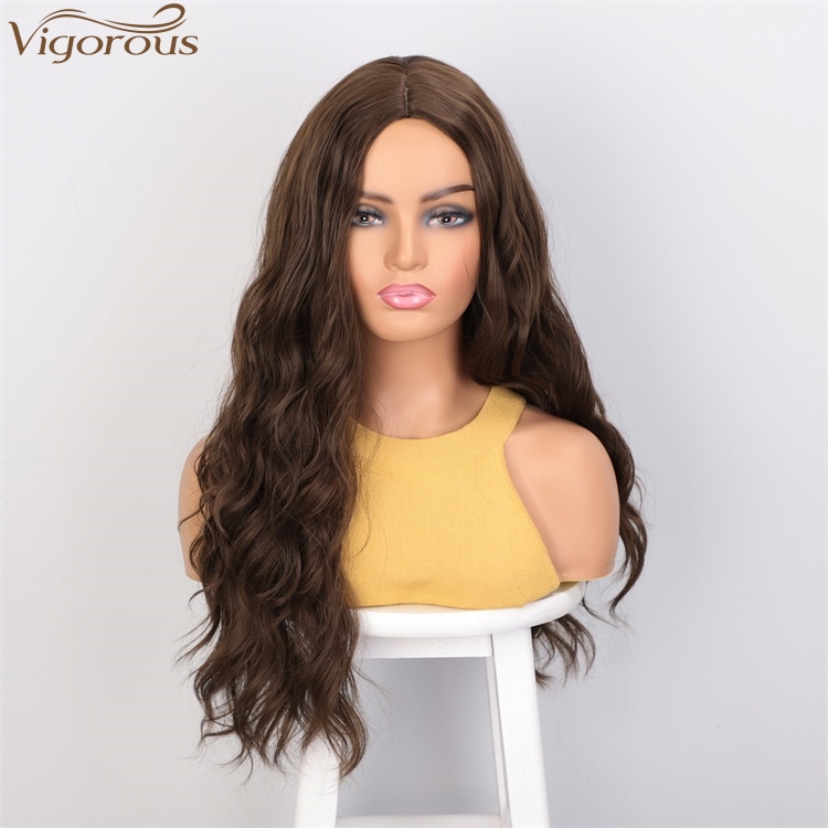 Vigorous High Temperature MediumBrown Long Wavy Wig Middle Part Synthetic Wigs For Black Women Wholesale Price