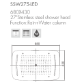 Pomme de douche de bâti de plafond d&#39;acier inoxydable avec la fonction de colonne de LED / pluie + Wtaer