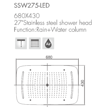 Soffione doccia a soffitto in acciaio inossidabile con LED / pioggia + funzione colonna Wtaer