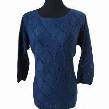 Ladies' crew neck long sleeves button cardigan, available in blue