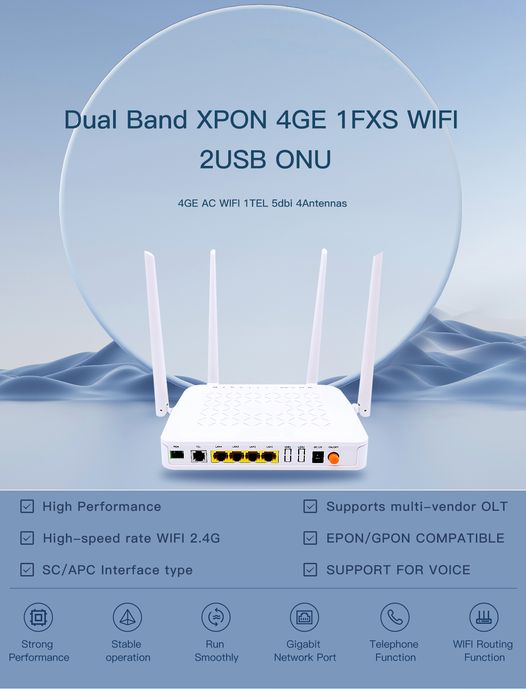 Dual band XPON 4GE VOIP+WIFI6(2.4G+5G)+2USB ONU.