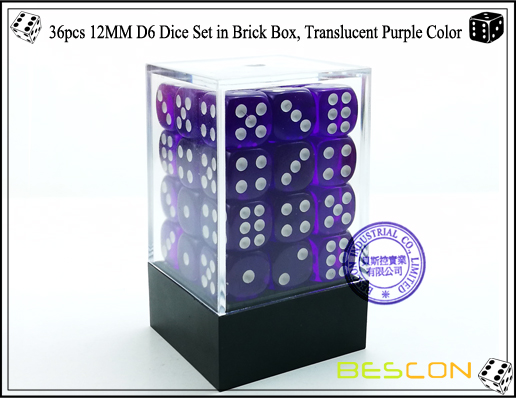 36pcs 12MM D6 Würfel gesetzt im Ziegelstein-Kasten, luftdurchlässige purpurrote Farbe-1 36pcs 12MM D6 Dice Set in Brick Box, Translucent Purple Color-1