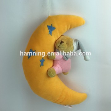 popular baby gifts plush hanging toy soft stuffed yellow moon with pink bear with music box