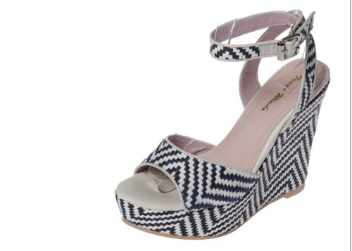 White And Black Stripe Espadrille Wedge Sandals With Decorated Double Stitching